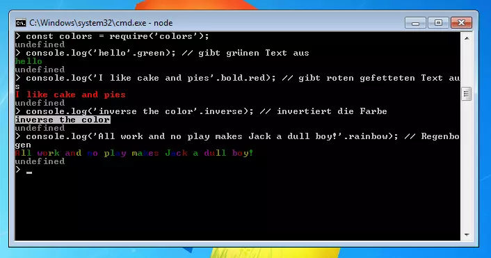 Bild: Node.js-Module: Das „colors“-Modul in der Anwendung