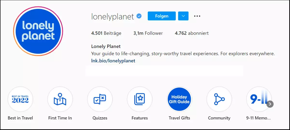 Instagram-Bio von Lonely Planet