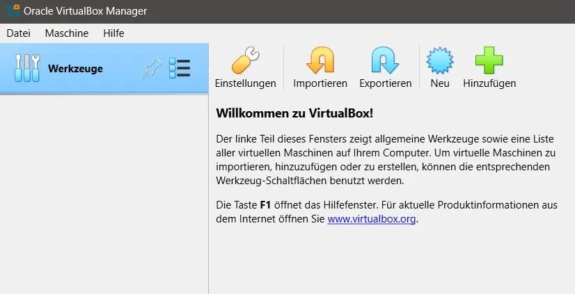 Oracle VirtualBox Manager: Startbildschirm Bild: Oracle VirtualBox Manager: Startbildschirm