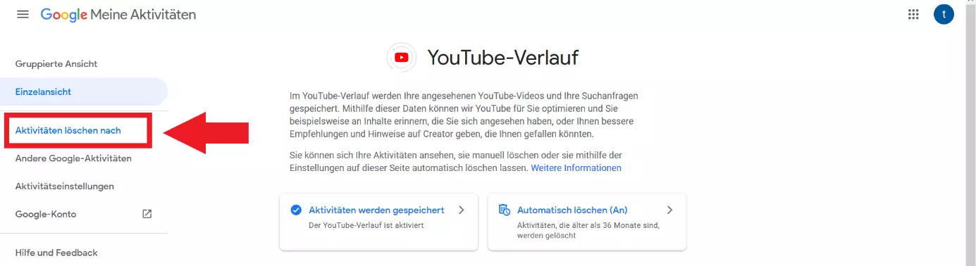 Bild: YouTube: „Aktivitäten löschen nach“-Eintrag