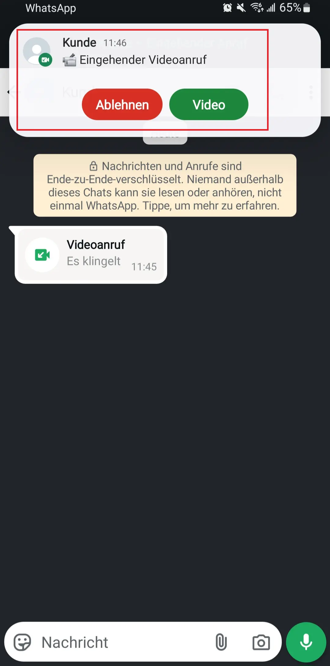 Android: „Ablehnen“ und „Annehmen“ bei einkommendem WhatsApp-Videoanruf Bild: Android: „Ablehnen“ und „Annehmen“ bei einkommendem WhatsApp-Videoanruf