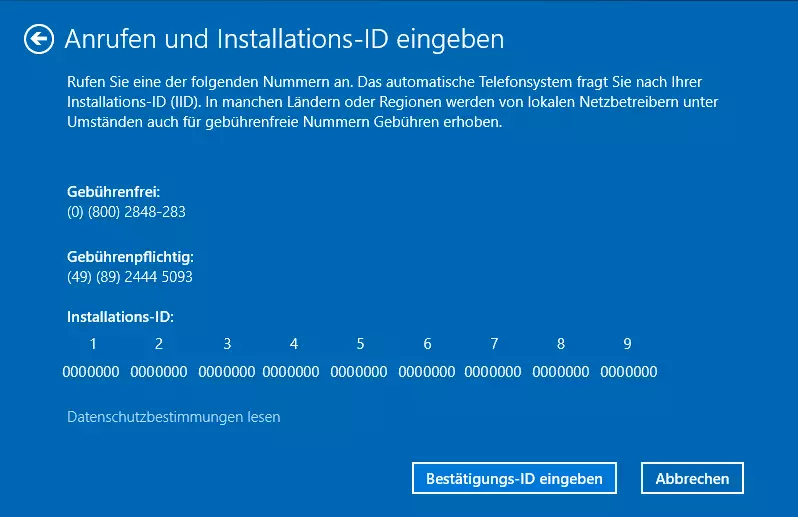 Bild: Fenster für die telefonische Aktivierung von Windows