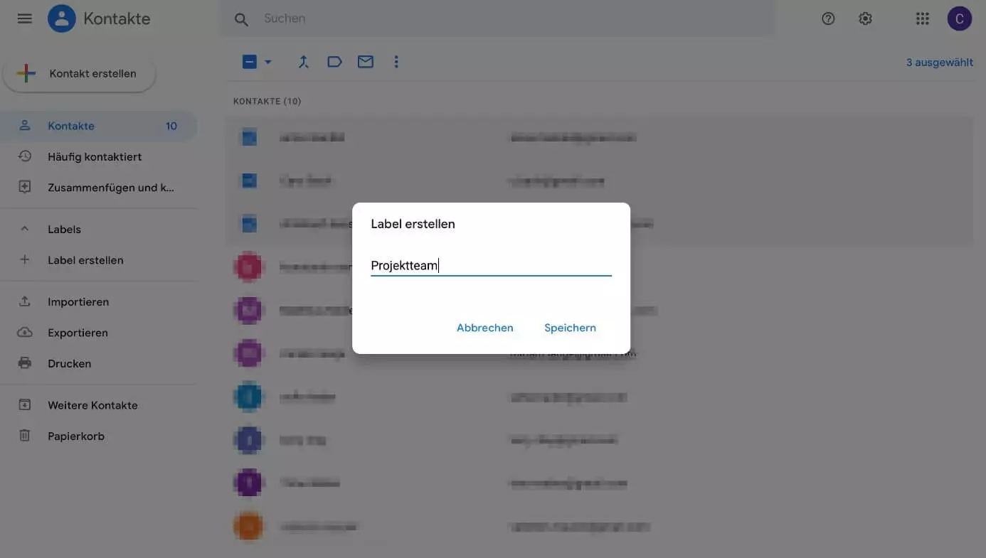 Bild: Google Kontakte: „Label erstellen“-Dialog 