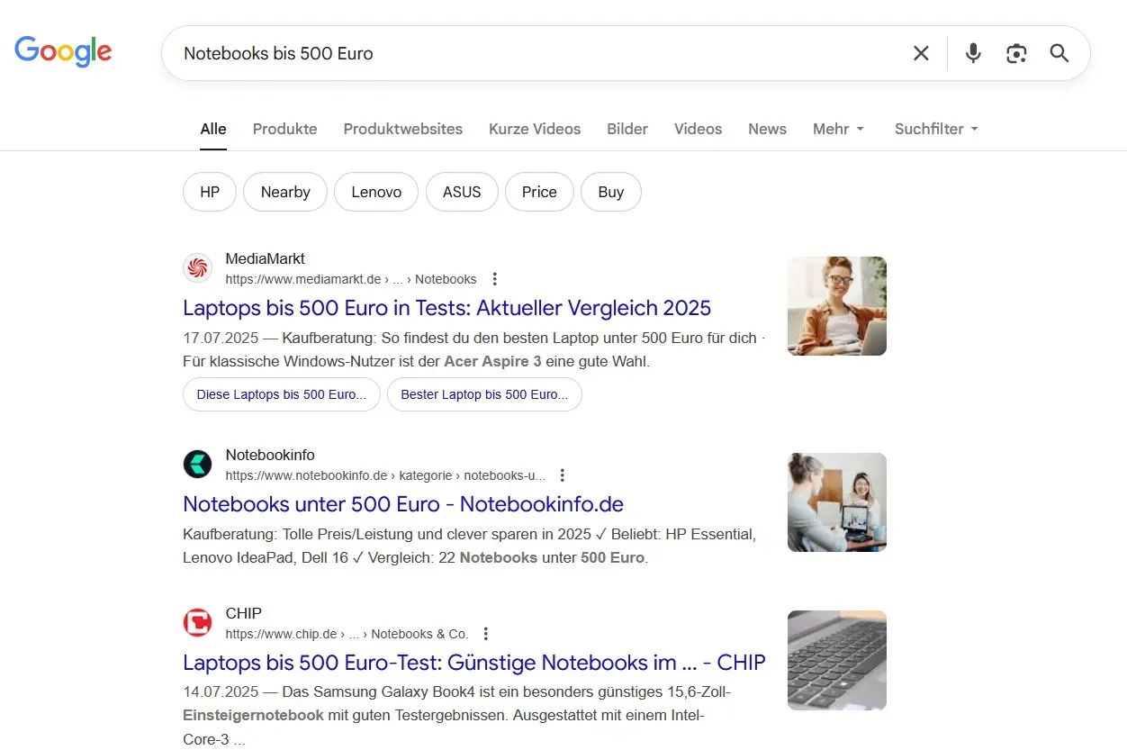 Bild: Google-Suche: „Notebooks bis 500 Euro“