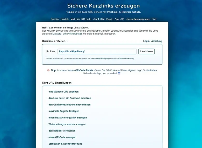 Screenshot des URL Shortener t1p.de Bild: Screenshot des URL Shortener t1p.de