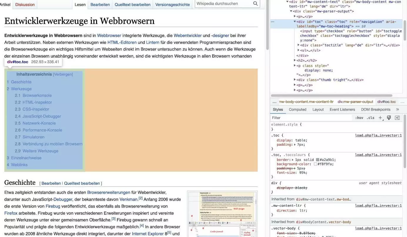Bild: Zu verbergendes Element in den Chrome-Entwicklertools ausgewählt