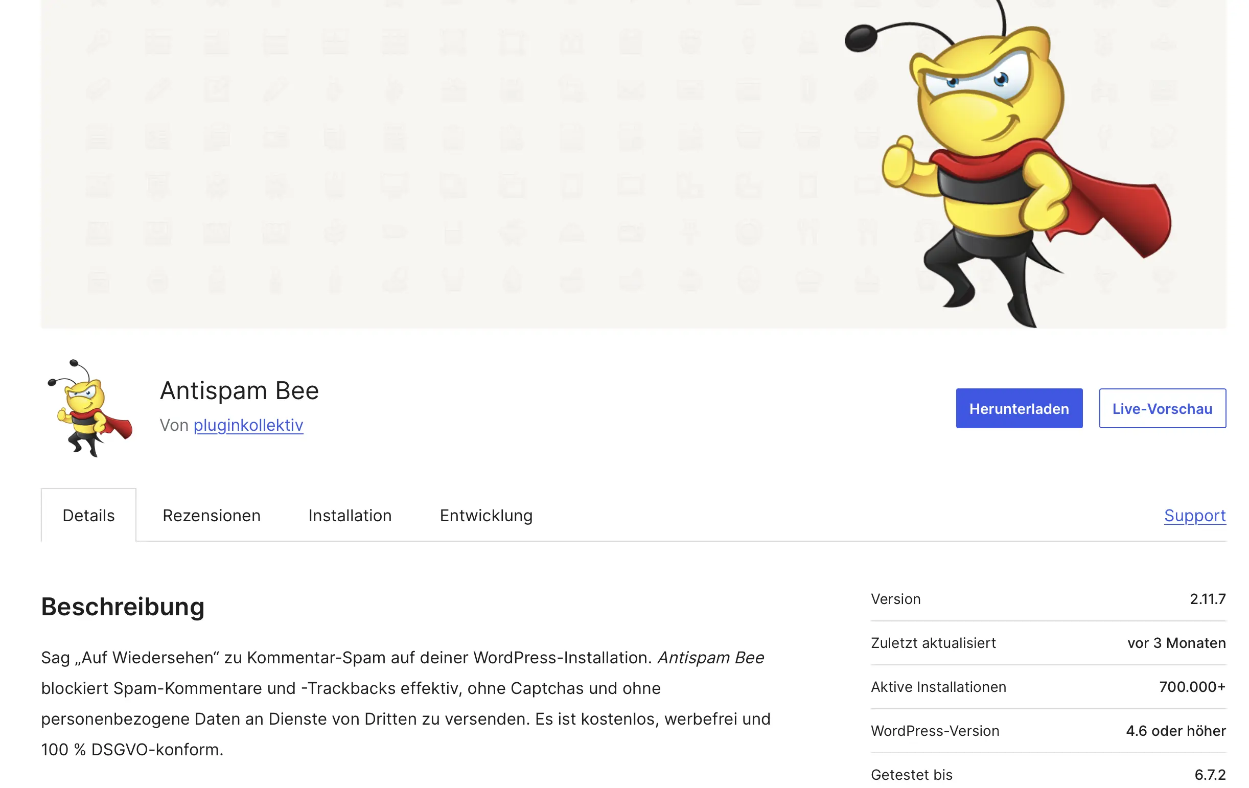 Bild: wordpress.org: Plugin-Übersichtsseite zu „Antispam Bee“