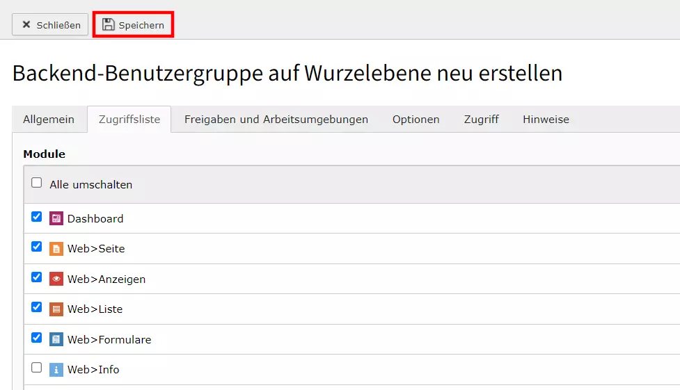 Zugriffsliste TYPO3-Backend Zugriffsliste TYPO3-Backend