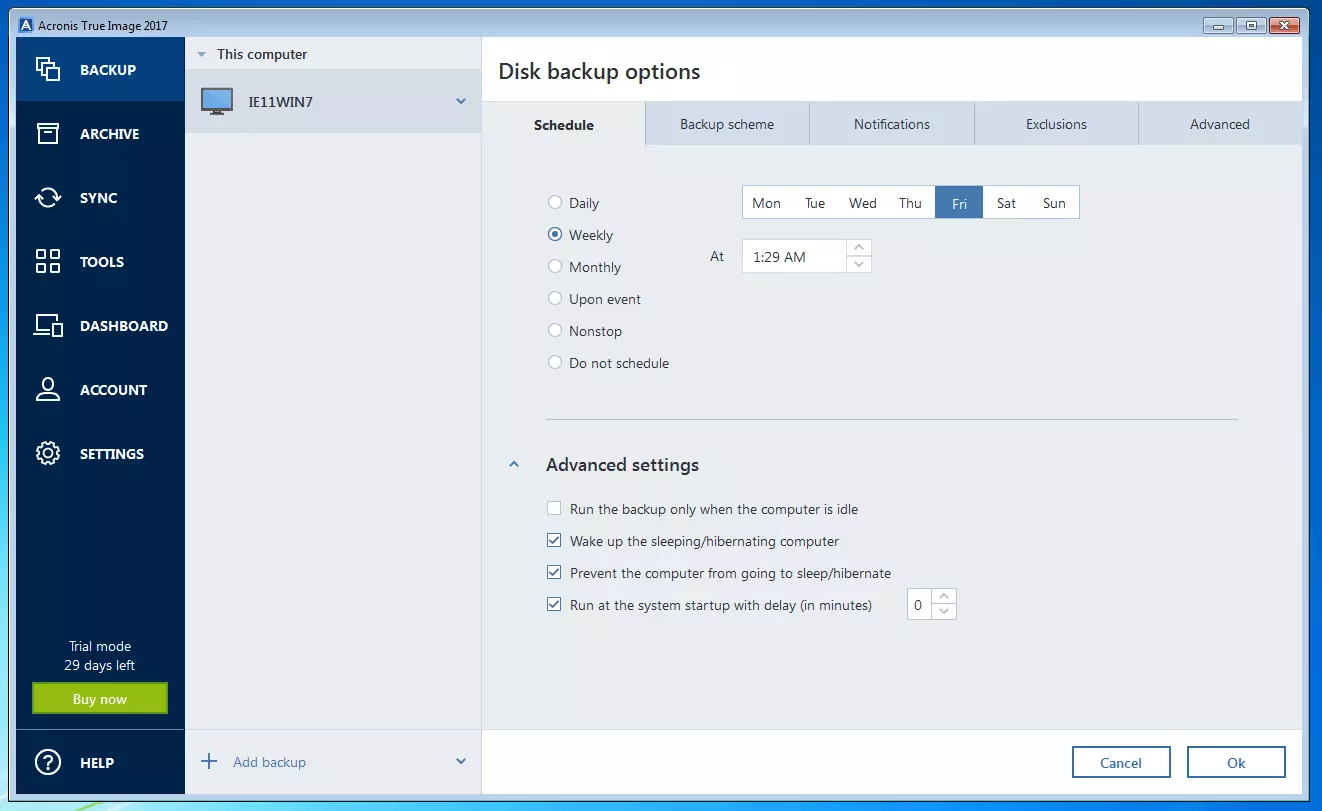 Bild: Acronis True Image 2017: Menü zur Auswahl der Backup-Optionen