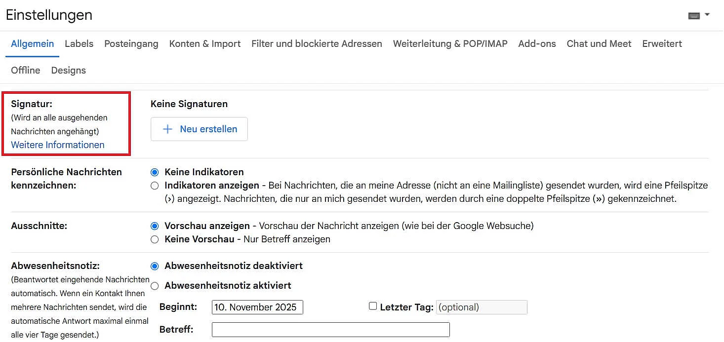 Gmail-Einstellungen im Bereich Allgemein mit Abschnitt „Signatur“ Bild: Gmail-Einstellungen im Bereich Allgemein mit Abschnitt „Signatur“
