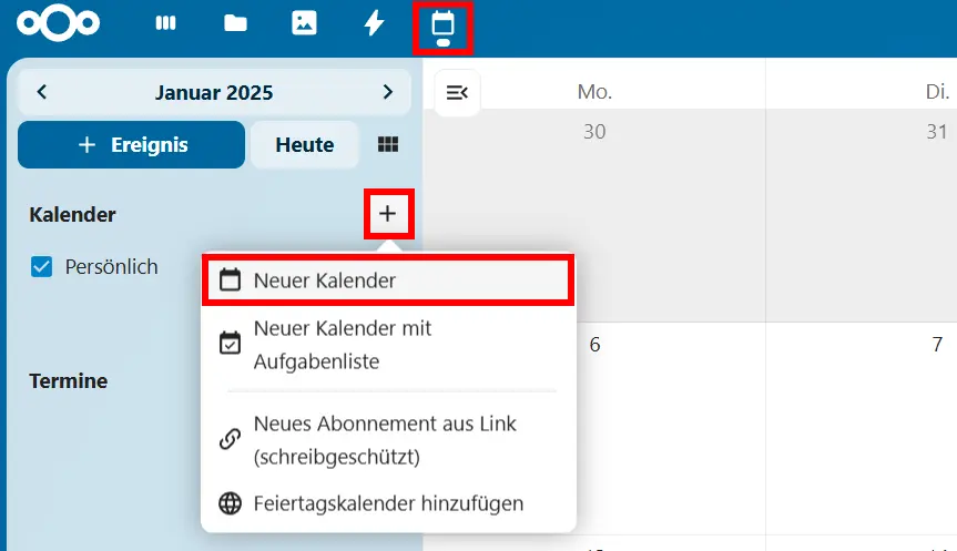 Neuen Kalender anlegen in Nextcloud Bild: Neuen Kalender anlegen in Nextcloud