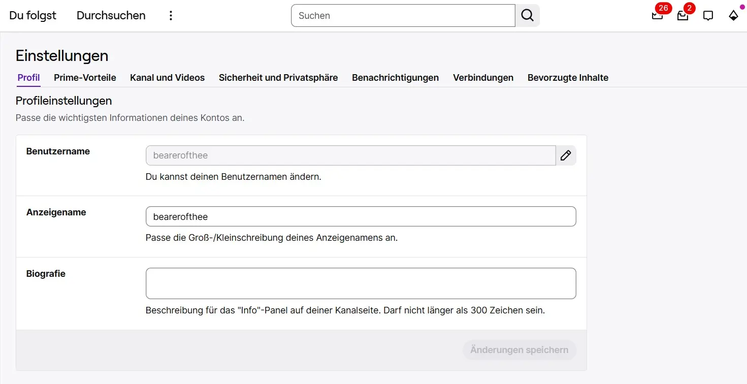 Bild: Profileinstellungen auf Twitch