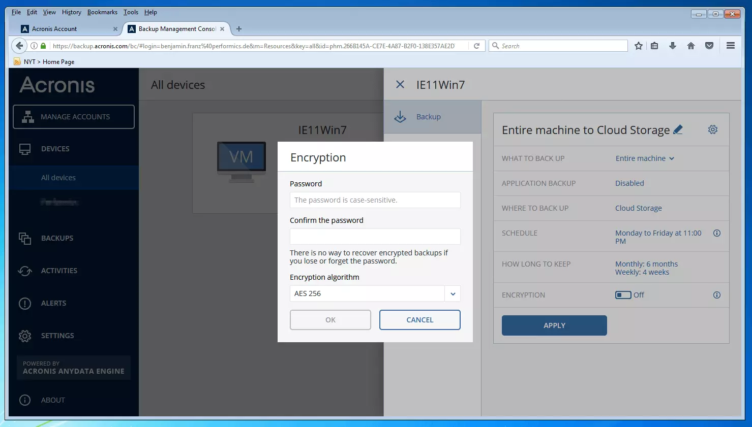 Bild: Die Backup-Management-Konsole von Acronis Backup 12.5: Dialogfenster zur Eingabe eines Passworts für die Backup-Verschlüsselung