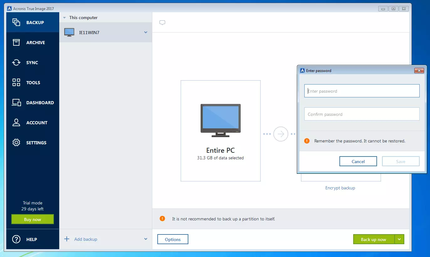 Bild: Acronis True Image 2017: Dialogfenster zur Eingabe eines Passworts für die Backup-Verschlüsselung