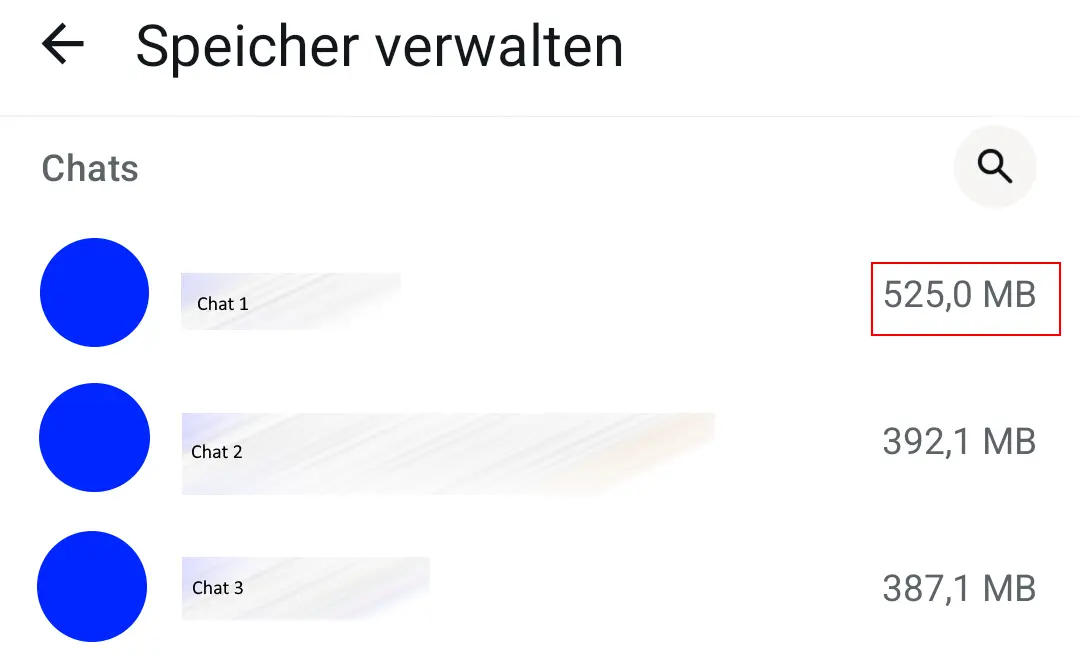 Android-Screenshot der WhatsApp-Speicherverwaltung mit Fokus auf den ausgetauschten Datenmengen in Chats Bild: Android-Screenshot der WhatsApp-Speicherverwaltung mit Fokus auf den ausgetauschten Datenmengen in Chats