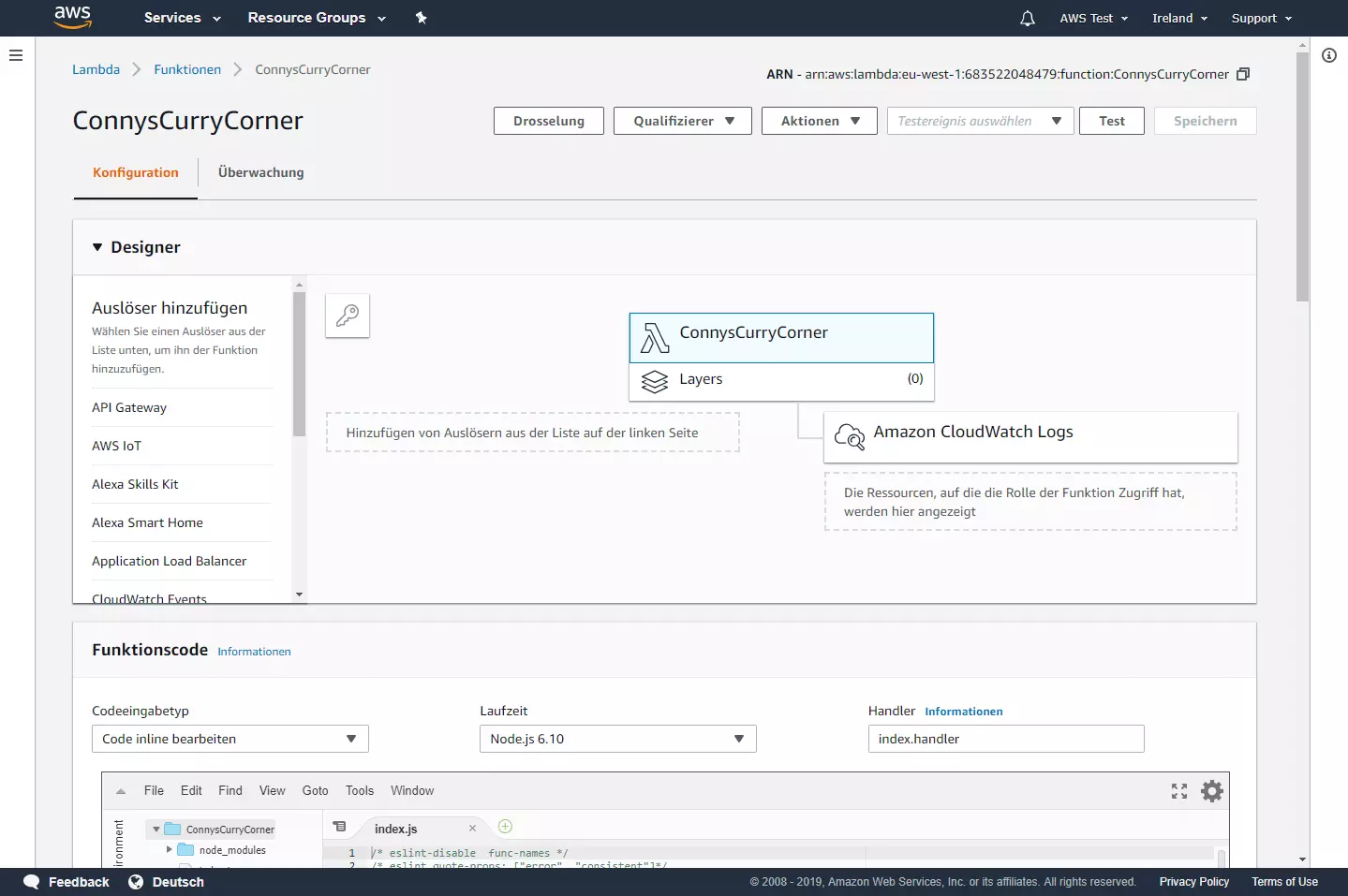 Bild: AWS-Management-Konsole: Konfigurationsübersicht der Lambda-Funktion