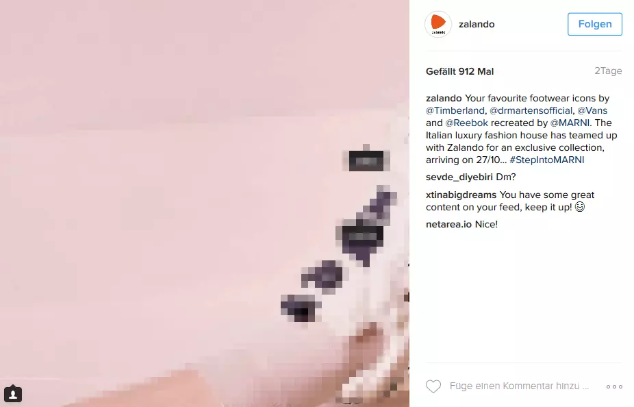 Foto-Post des Modehändlers Zalando in der Webansicht