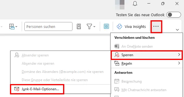 Bild: Junk-E-Mail-Optionen im vereinfachten Menüband von Outlook