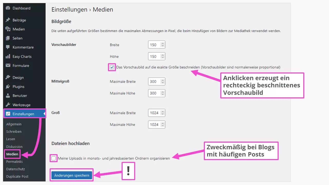 Einstellung der Bildgrößen im WordPress-Dashboard Einstellung der Bildgrößen im WordPress-Dashboard