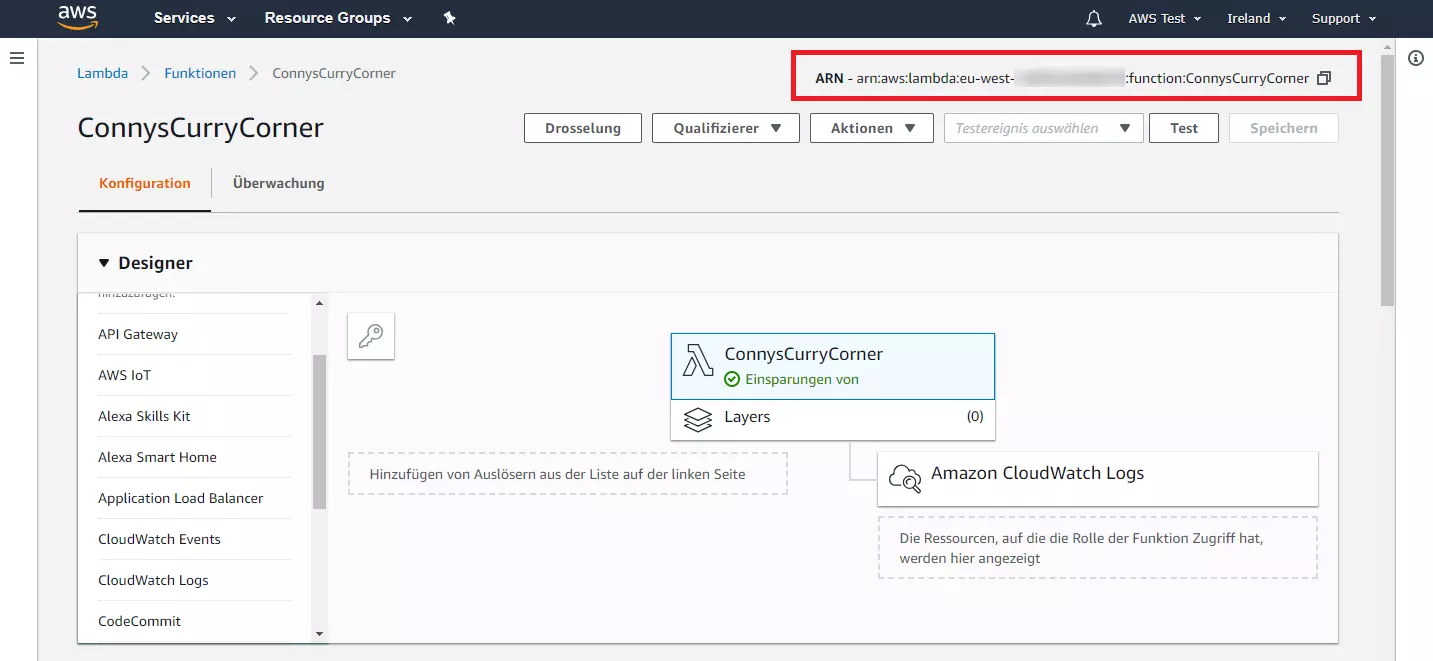 Bild: AWS-Management-Konsole: der ARN der Lambda-Funktion