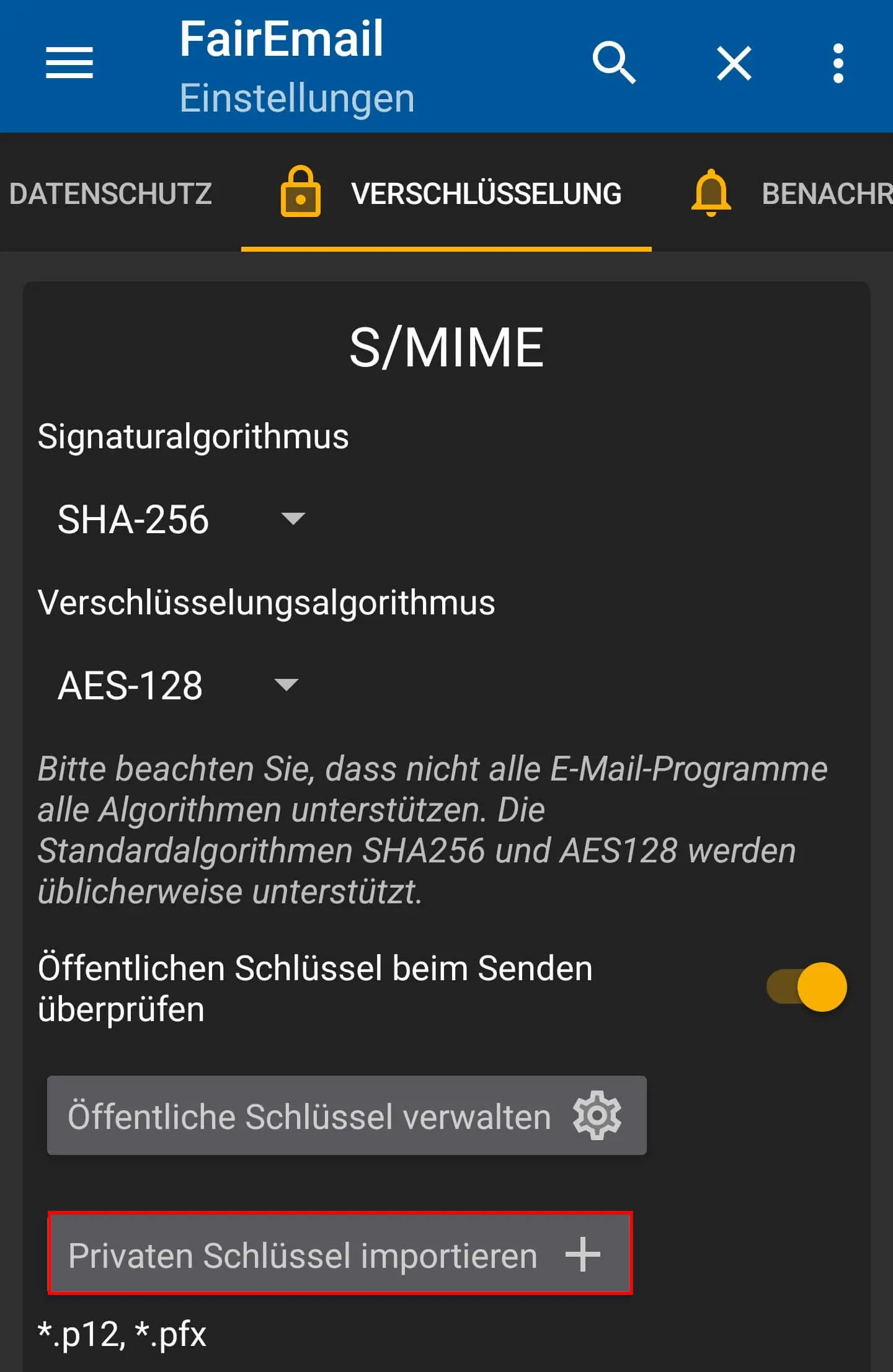 FairEmail: Schlüssel importieren Bild: FairEmail: Schlüssel importieren