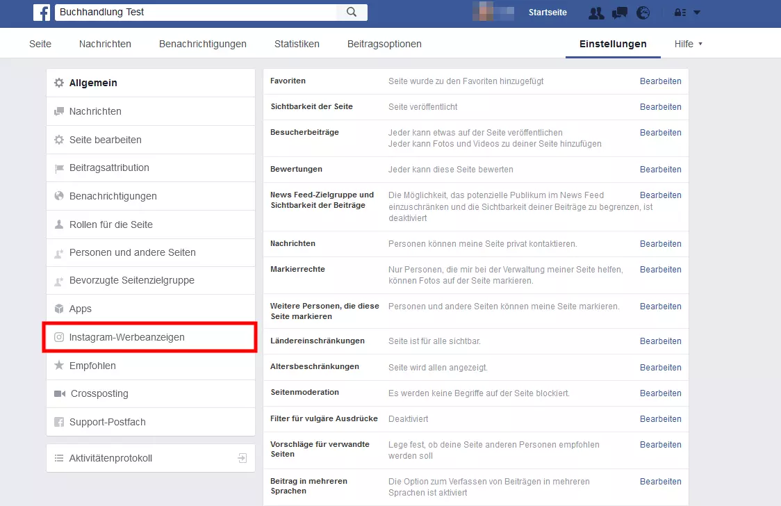 Unter dem Reiter „Einstellungen“ im Facebook-Unternehmens-Account findet man Optionen für Instagram-Werbeanzeigen
