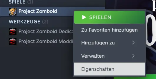 Menü „Spieleigenschaften“ von Project Zomboid in Steam Bild: Menü „Spieleigenschaften“ von Project Zomboid in Steam