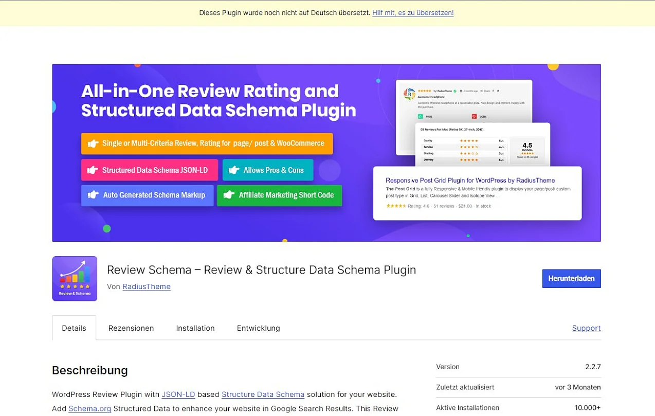 Das WordPress-Premium-Plugin Review Schema auf der WordPress-Seite Bild: Das WordPress-Premium-Plugin Review Schema auf der WordPress-Seite
