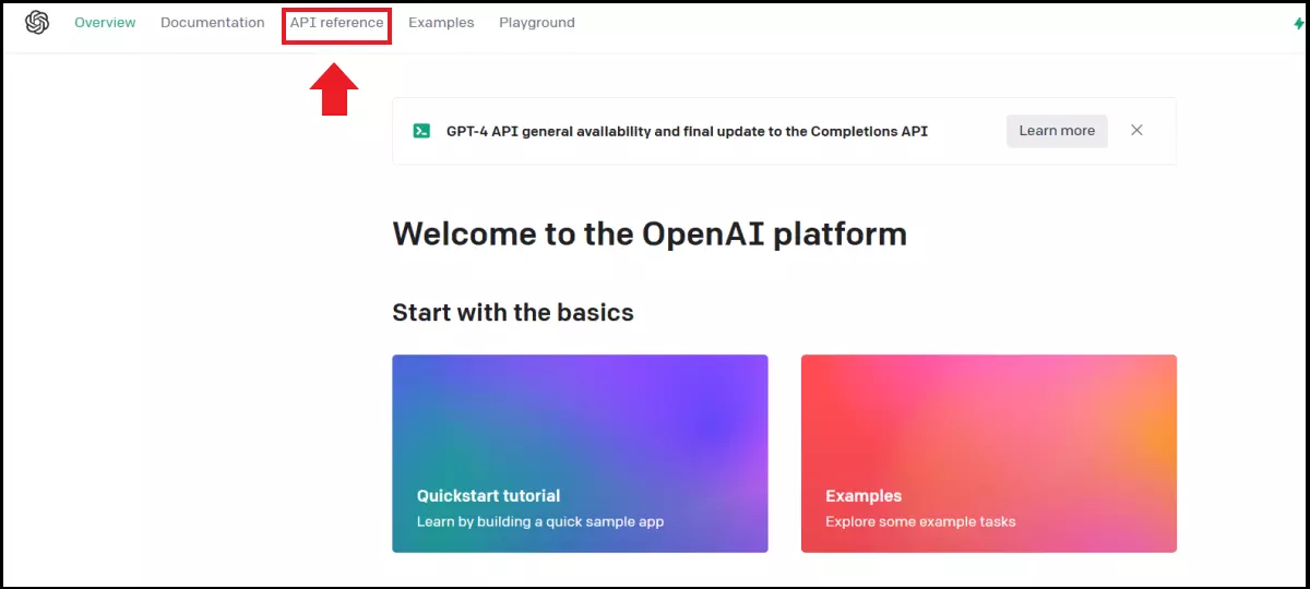 Menüpunkt „API reference“ im Startmenü von OpenAI Menüpunkt „API reference“ im Startmenü von OpenAI