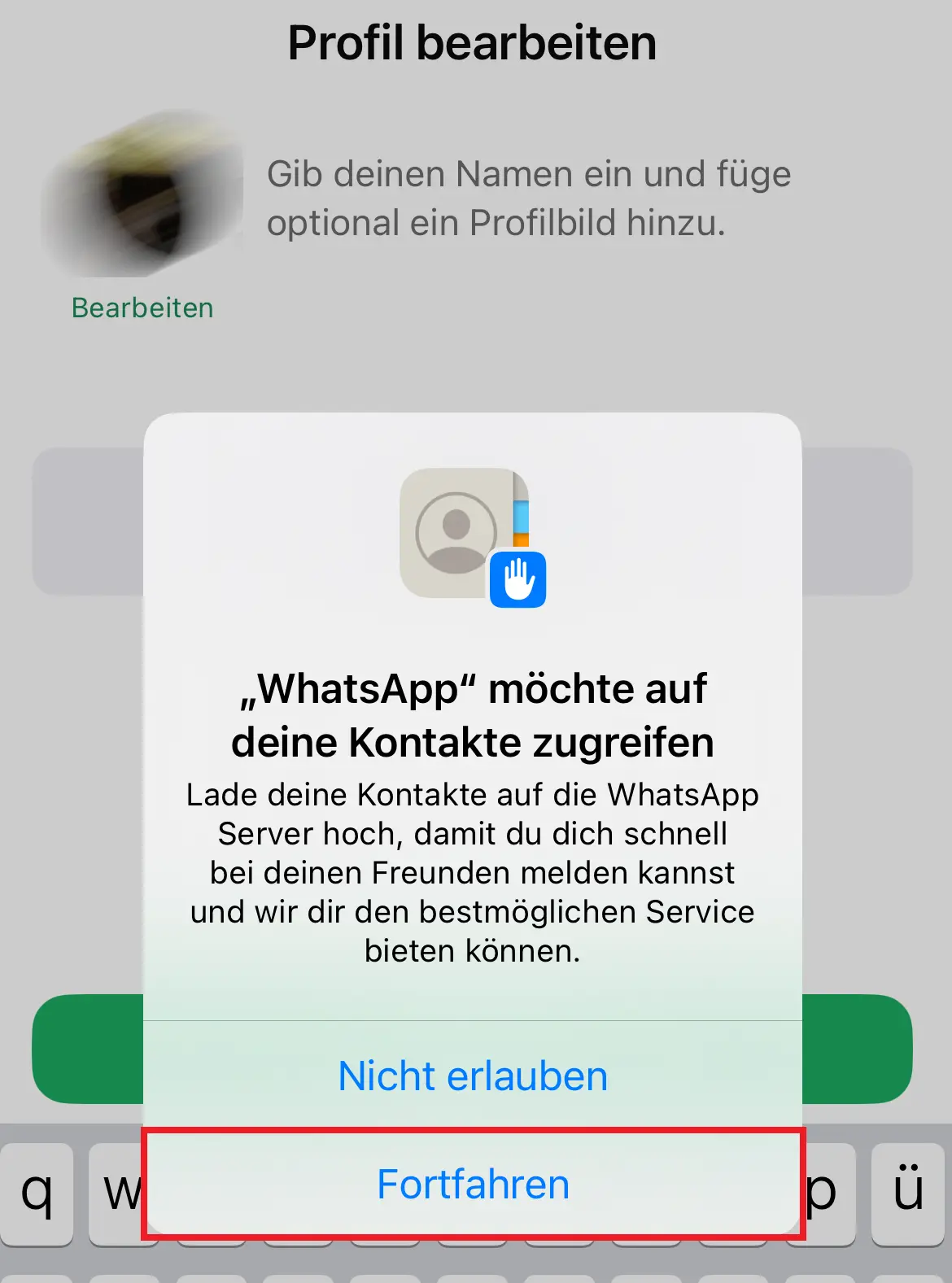 Bild: WhatsApp Popup-Meldung für die Freigabe von Kontakte