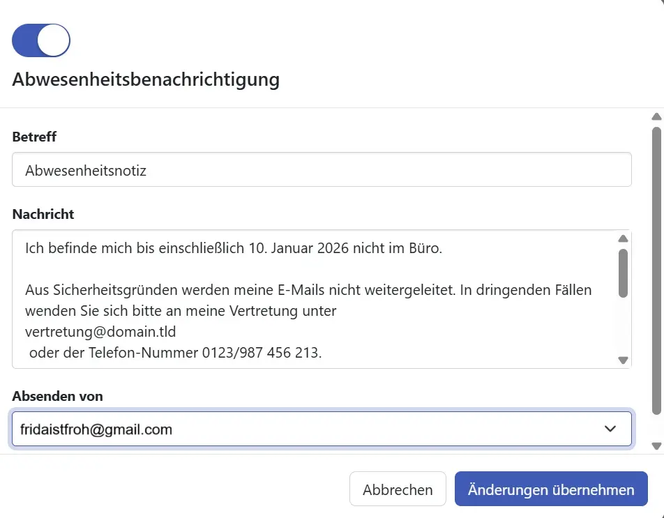 Bild: Einstellungen für die Abwesenheitsnotiz in der IONOS-Webmail-Oberfläche