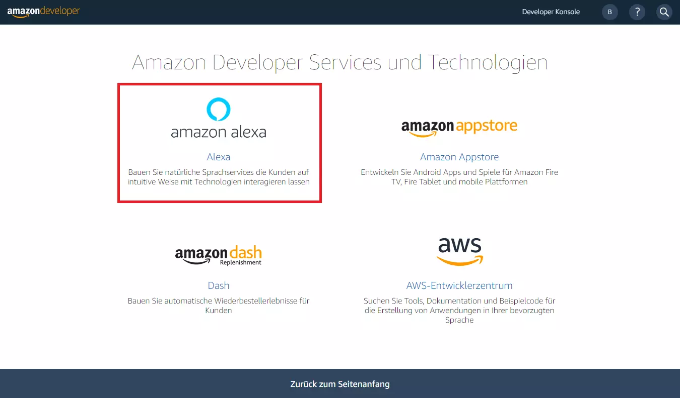 Bild: Amazon-Developer-Konsole: Service-Übersicht
