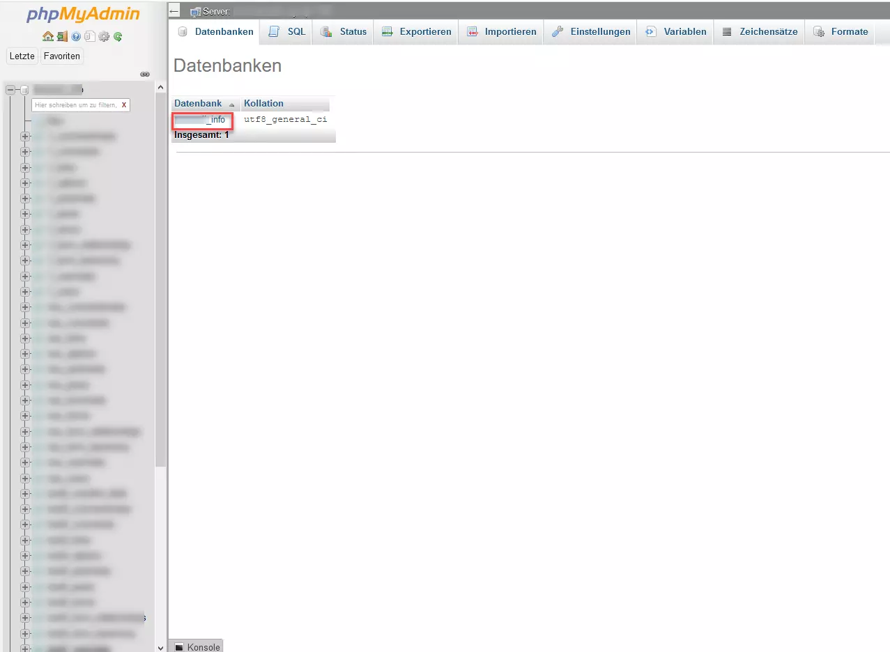 Bild: phpMyAdmin – Liste der zur Verfügung stehenden Datenbanken