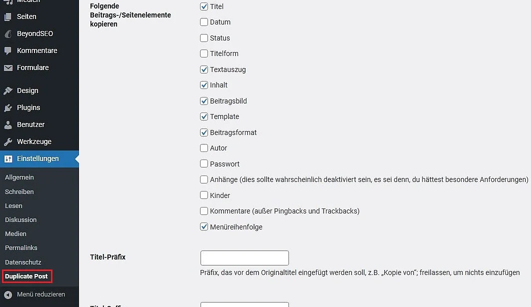 Einstellungen von Yoast Duplicate Post Bild: Einstellungen von Yoast Duplicate Post