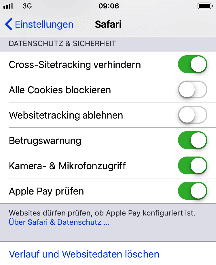 Auswahl-Optionen, um Cookies generell auf dem iPhone zu blockieren