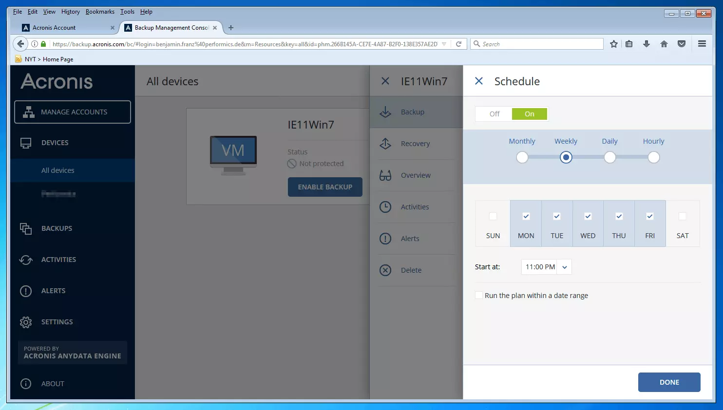 Bild: Die Backup-Management-Konsole von Acronis Backup 12.5: Menü zur Erstellung von Backup-Zeitplänen