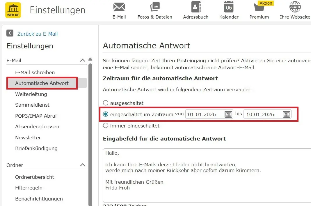 Bild: WEB.DE-Abwesenheitsnotiz konfigurieren