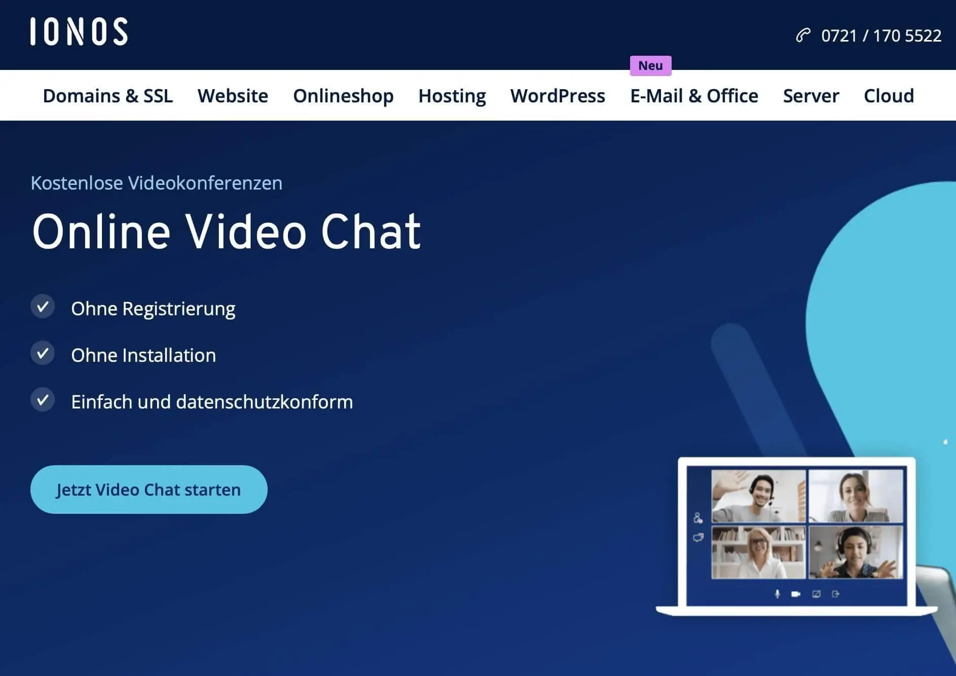 Screenshot der IONOS Video Chat-Website Bild: Screenshot der IONOS Video Chat-Website