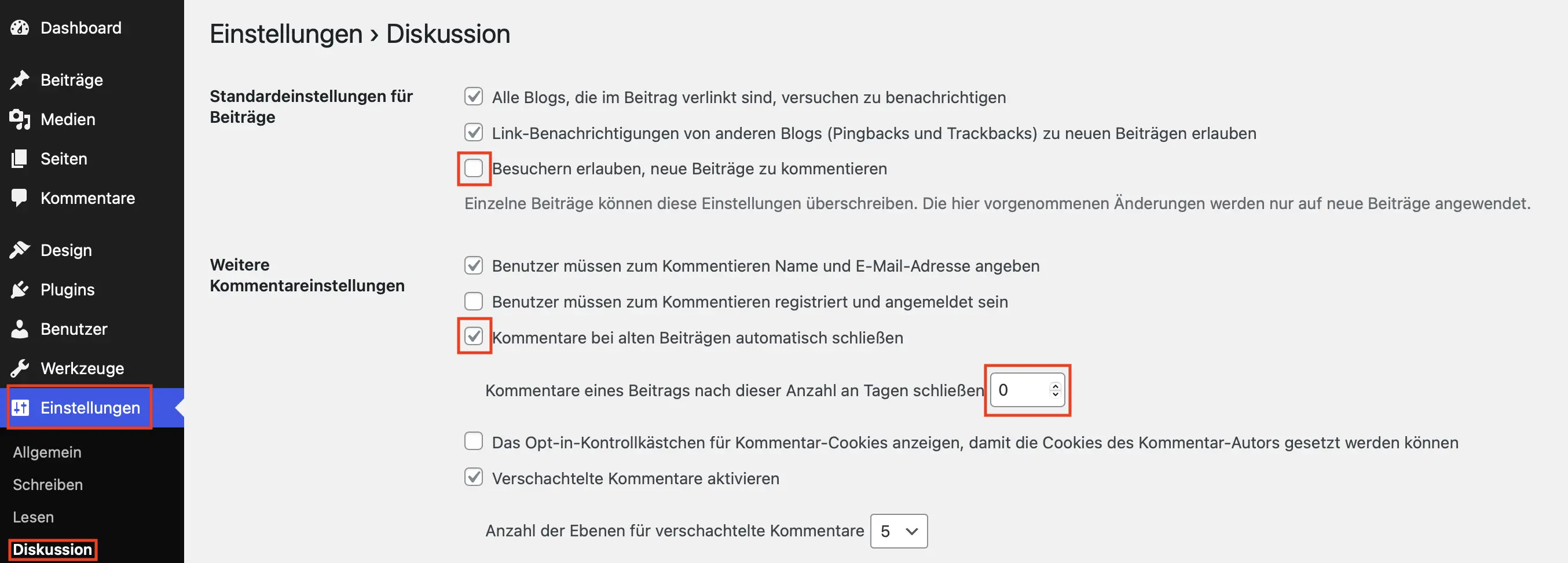 Bild: “WordPress-Backend „Einstellungen“ – „Diskussion“: Einstellungsmöglichkeiten zum Deaktivieren von Kommentaren für die gesamte Website