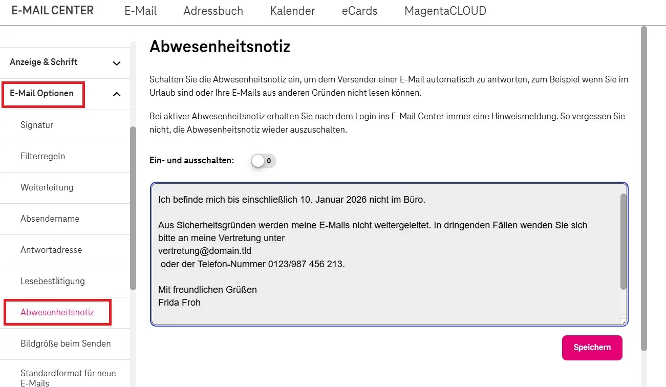 Bild: Menü-Einstellungen für die Abwesenheitsnotiz im E-Mail-Center der Telekom