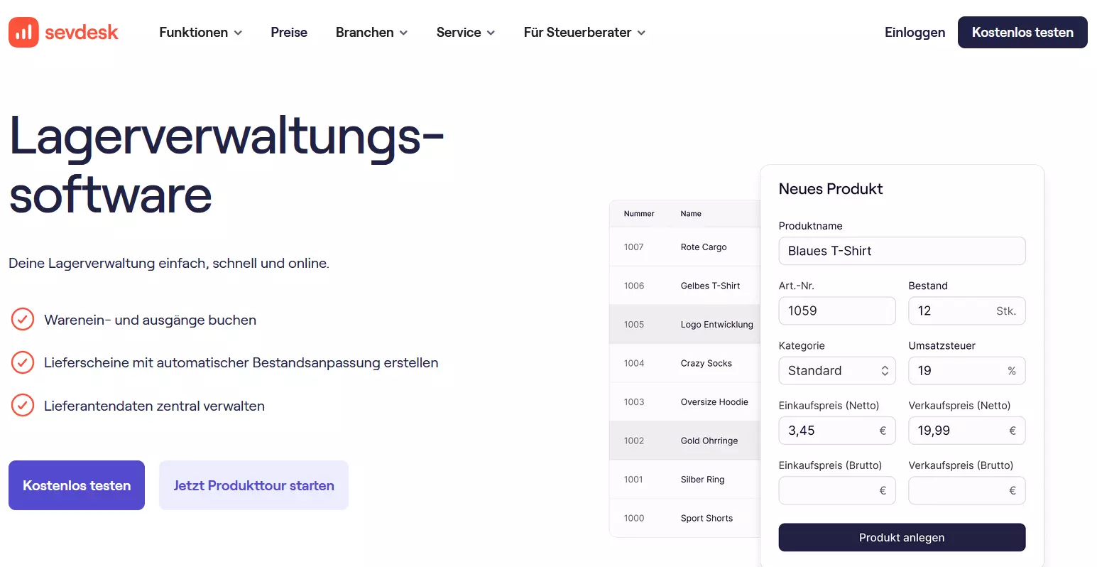 Bild: sevdesk Lagerverwaltungssoftware