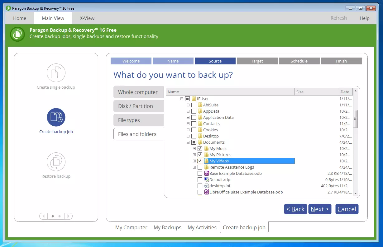Bild: Paragon Backup & Recovery 16 Free: Dateiauswahl für das Backup