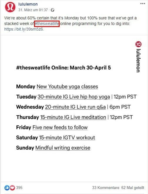 Online-Marketing-Hashtags: Facebook-Account „lululemon”