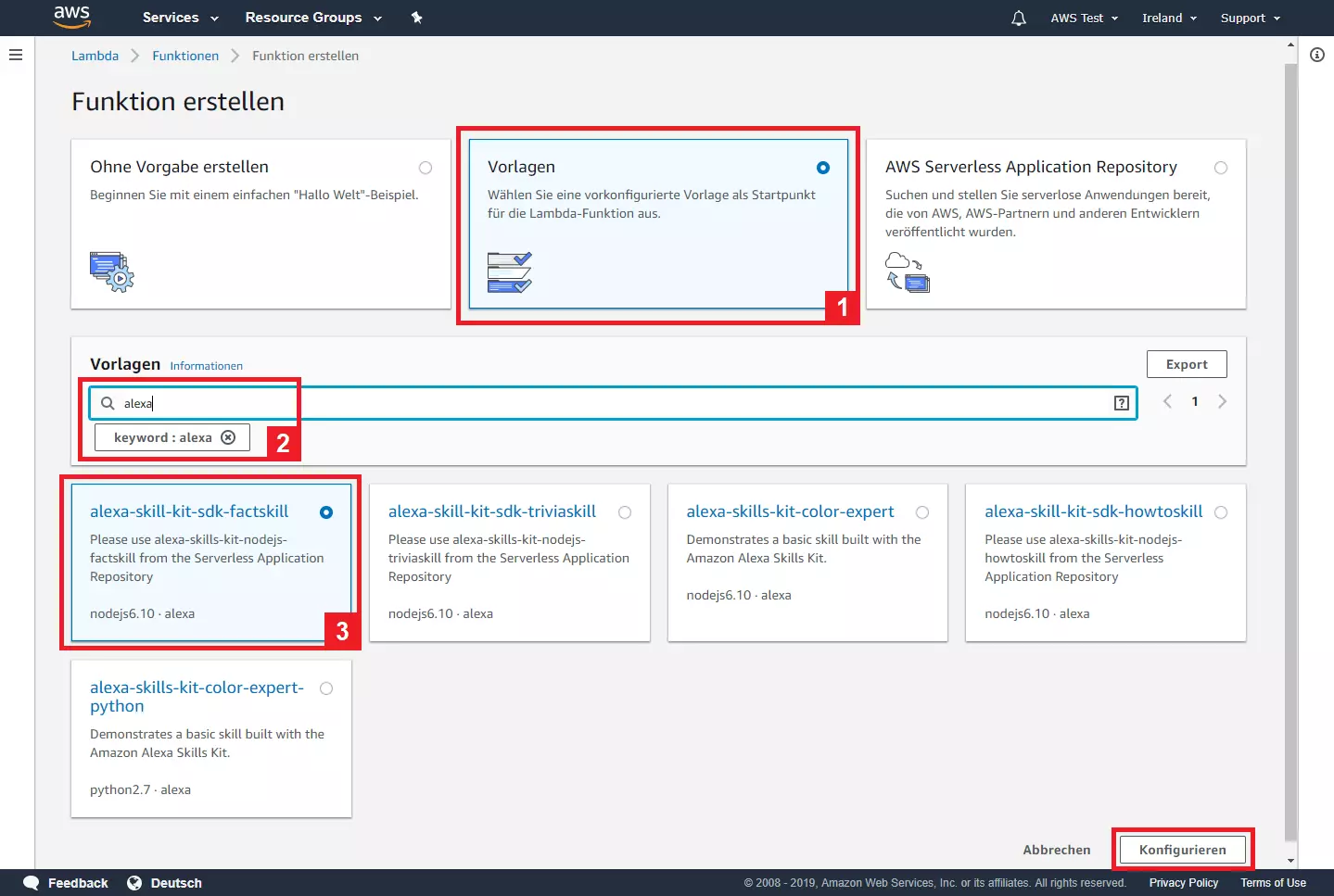 Bild: AWS-Management-Konsole: Auswahl der Vorlage für die Lambda-Funktion