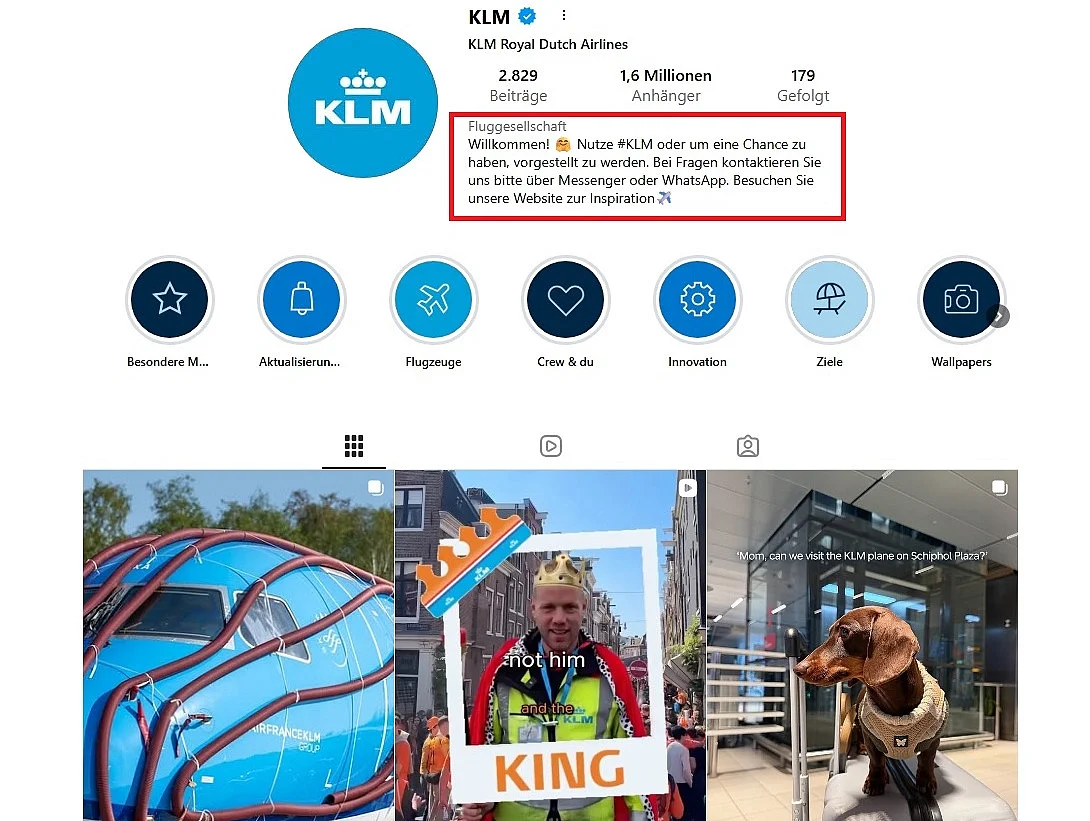 Screenshot der Instagram-Seite der Fluggesellschaft KLM Bild: Screenshot der Instagram-Seite der Fluggesellschaft KLM