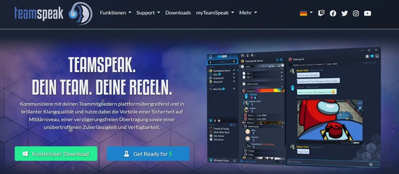 Bild: Startseite der TeamSpeak-Anwendung samt Download-Button