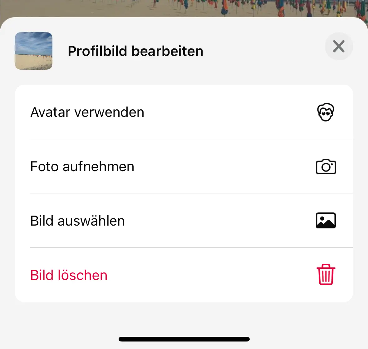 Screenshot der WhatsApp-Einstellungen „Profilbild bearbeiten“ unter iOS Bild: Screenshot der WhatsApp-Einstellungen „Profilbild bearbeiten“ unter iOS