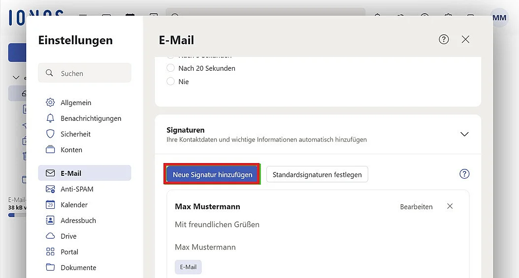 IONOS Mail: „Neue Signatur hinzufügen“ Bild: IONOS Mail: „Neue Signatur hinzufügen“