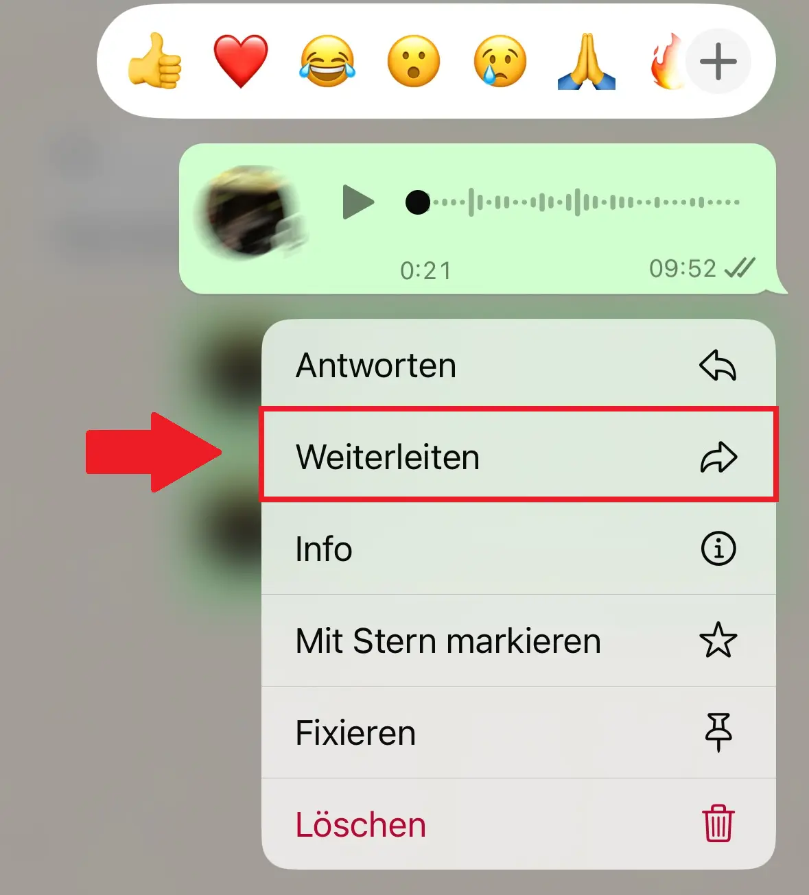 iPhone-Screenshot der „Weiterleiten“-Option in WhatsApp Bild: iPhone-Screenshot der „Weiterleiten“-Option in WhatsApp