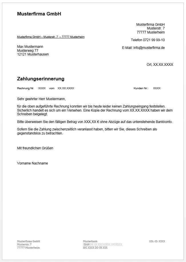 Vorlage für die schriftliche Zahlungserinnerung Bild: Vorlage für die schriftliche Zahlungserinnerung